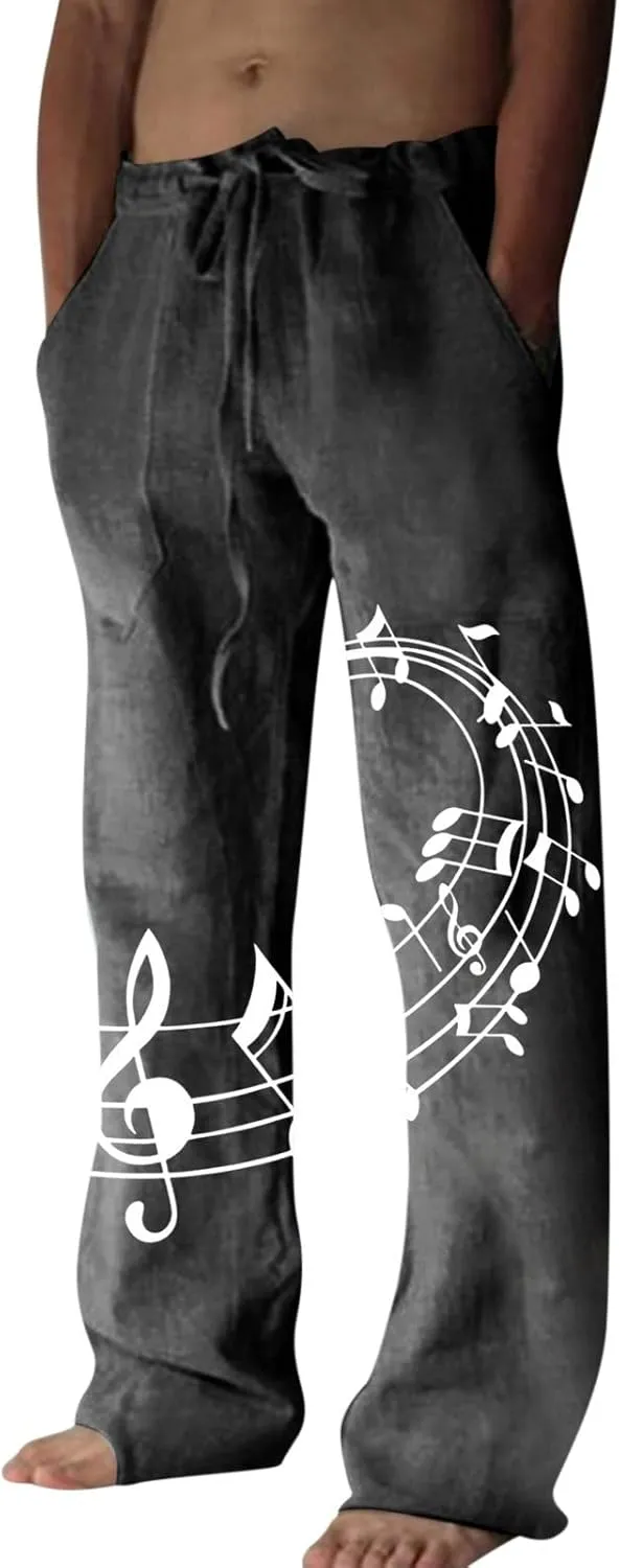 Men's Casual Linen Pants Lightweight Loose Fit Trousers Straight Trouser Elastic Drawstring Waist Yoga Beach Pants