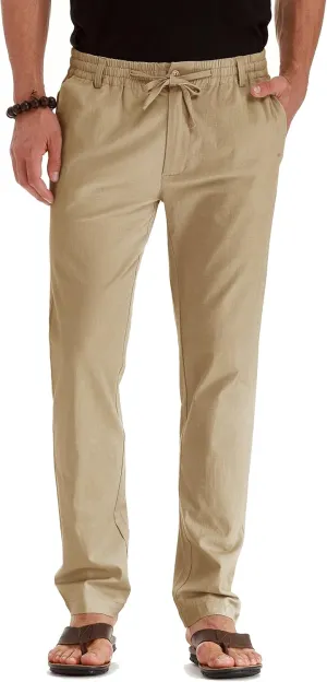 Mens Casual Linen Pants Loose Fit Elastic Drawstring Waist Summer Yoga Beach Trousers