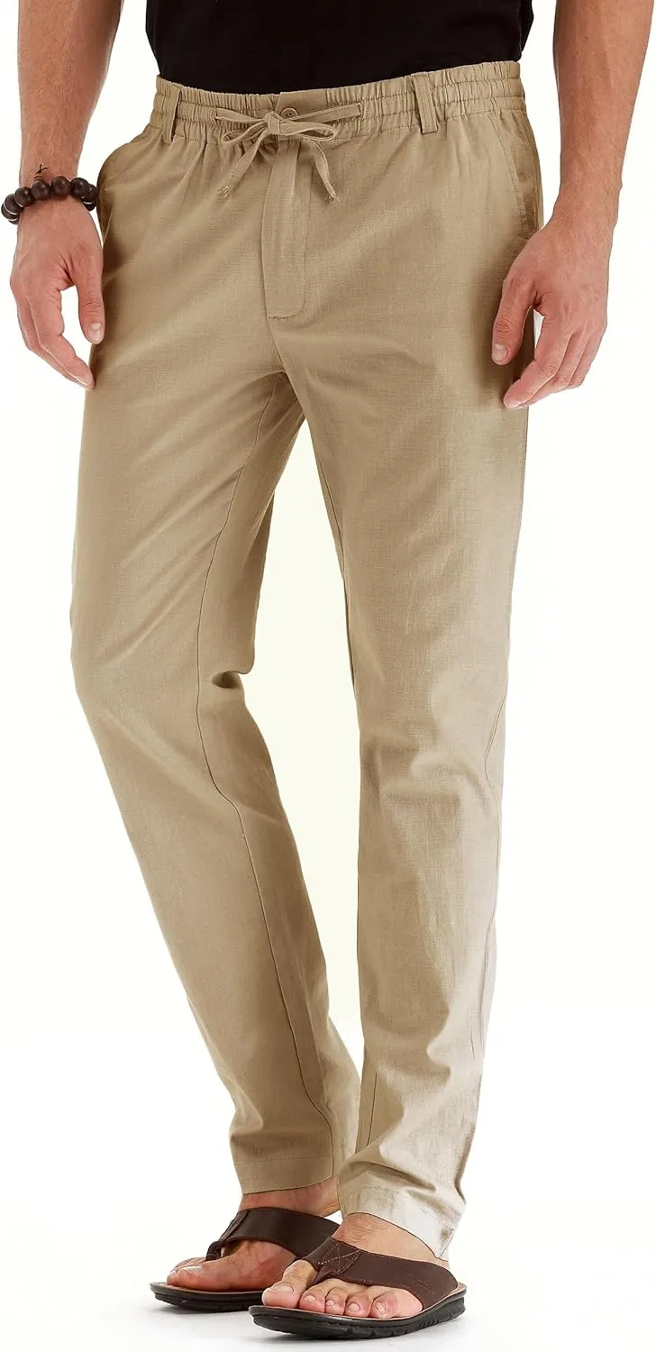 Mens Casual Linen Pants Loose Fit Elastic Drawstring Waist Summer Yoga Beach Trousers