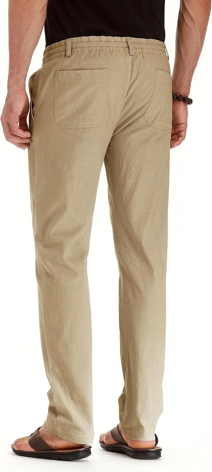 Mens Casual Linen Pants Loose Fit Elastic Drawstring Waist Summer Yoga Beach Trousers