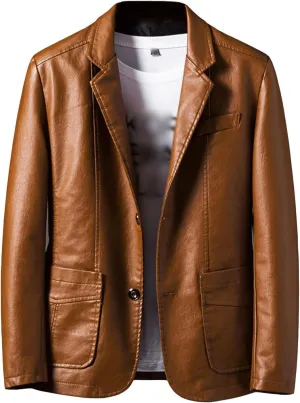 Men's Casual Notch Collar Leather Jacket Lightweight 2 Button Business Blazer Coat Fall Winter Slim Bomber Coats