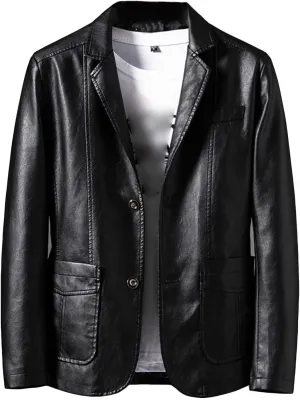 Men's Casual Notch Collar Leather Jacket Lightweight 2 Button Business Blazer Coat Fall Winter Slim Bomber Coats
