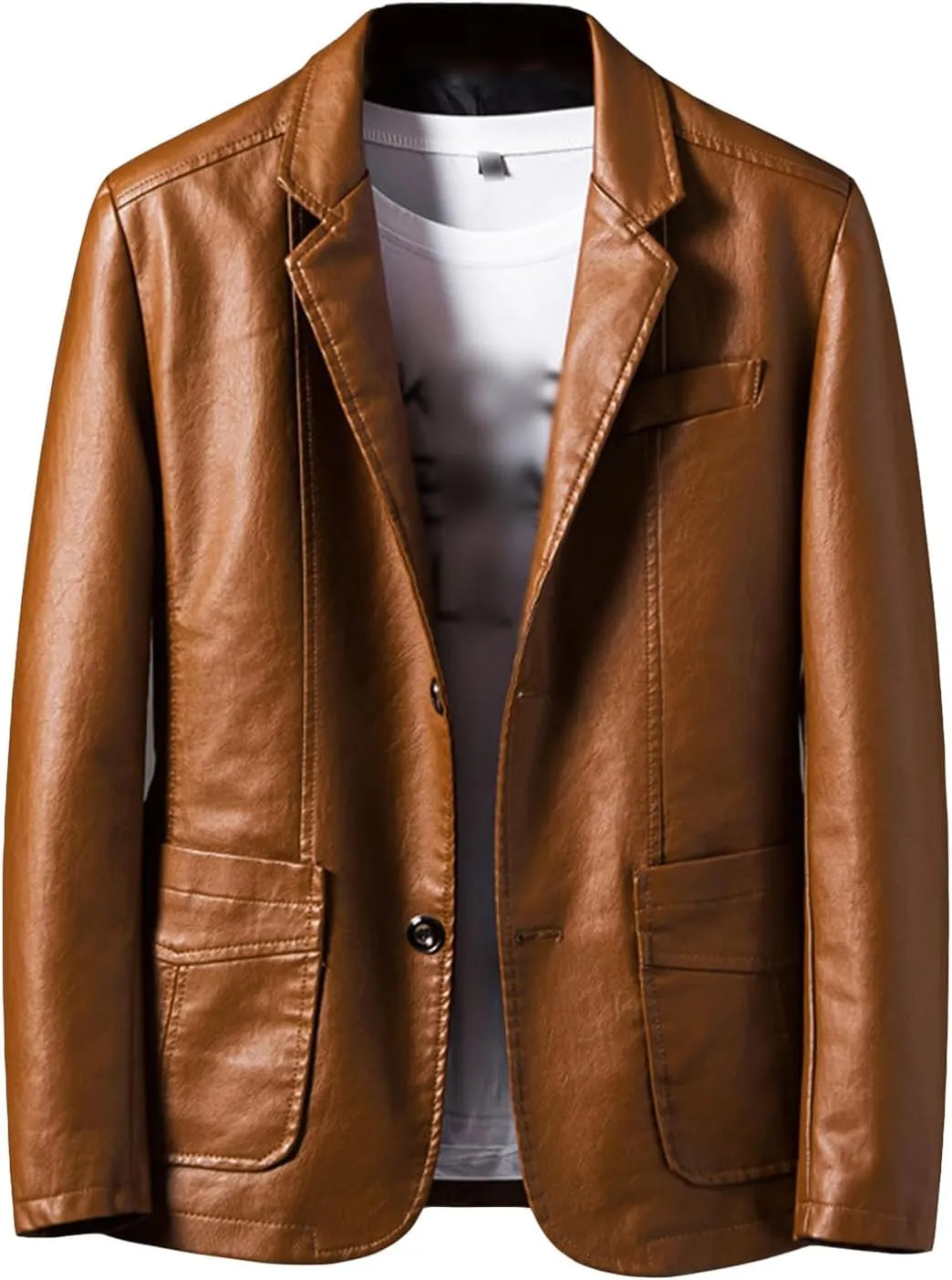 Men's Casual Notch Collar Leather Jacket Lightweight 2 Button Business Blazer Coat Fall Winter Slim Bomber Coats