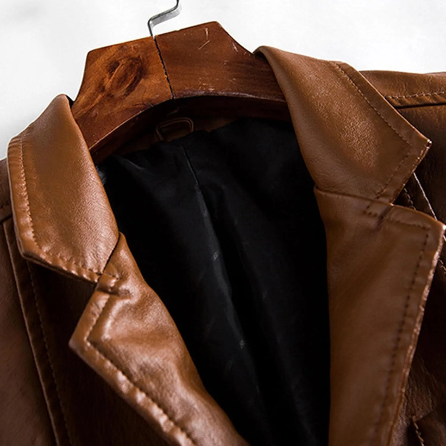 Men's Casual Notch Collar Leather Jacket Lightweight 2 Button Business Blazer Coat Fall Winter Slim Bomber Coats