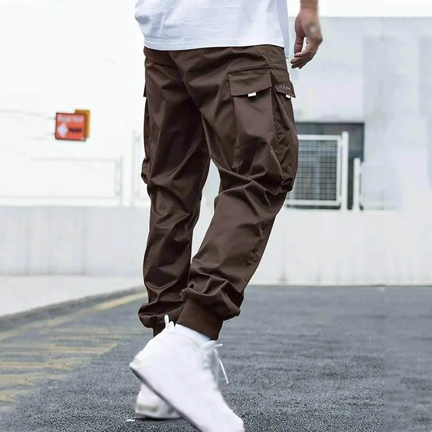 Men's Causal Cargo Pants Solid Color Multi Pockets Straight Trousers Loose Fit Hiking Joggers Hip Hop Streetwear