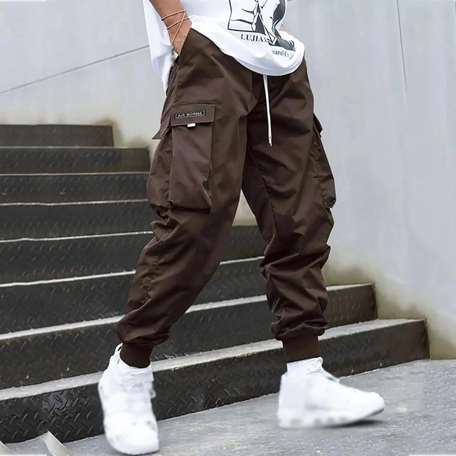 Men's Causal Cargo Pants Solid Color Multi Pockets Straight Trousers Loose Fit Hiking Joggers Hip Hop Streetwear