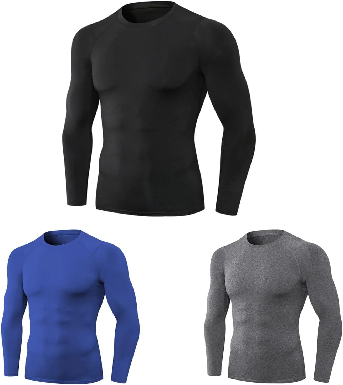 Men's Compression Shirts 3pcs Pack, Quick Dry Workout for Gym, Running, Yoga with Long Sleeve T Shirts, Tight Fit (XL)