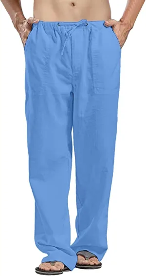 Men's Cotton Linen Athletic Gym Pants Stretch Elastic Waist Joggers Hiking Hunting Work Trousers Beach Pants Skinny Chino Mens Cycling Bib Pants