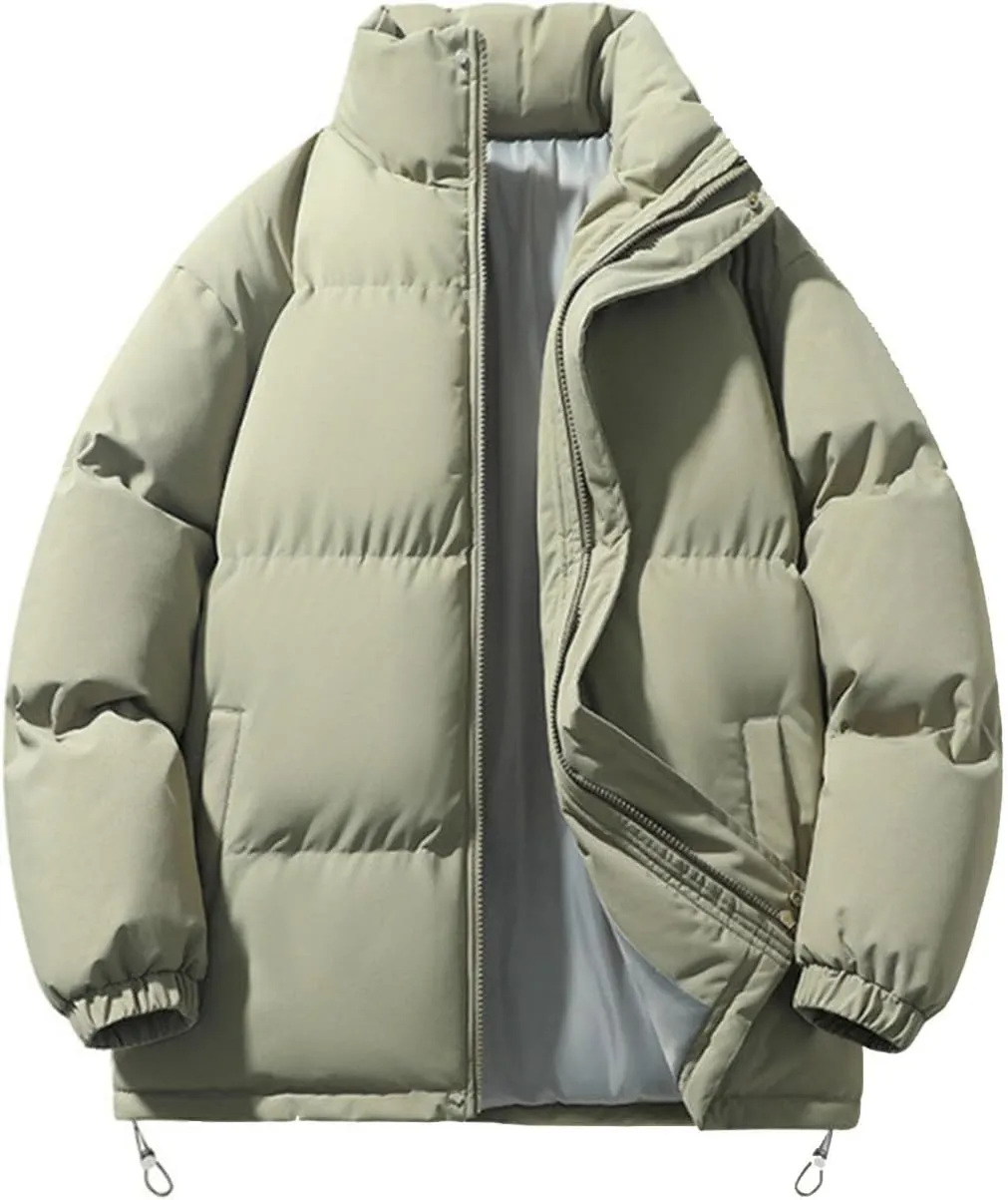 Men's Down Cotton Jacket, Full Zipper Solid Color Padded Cotton Coat Thick Warm Jacket, Lightweight Quilted Coat