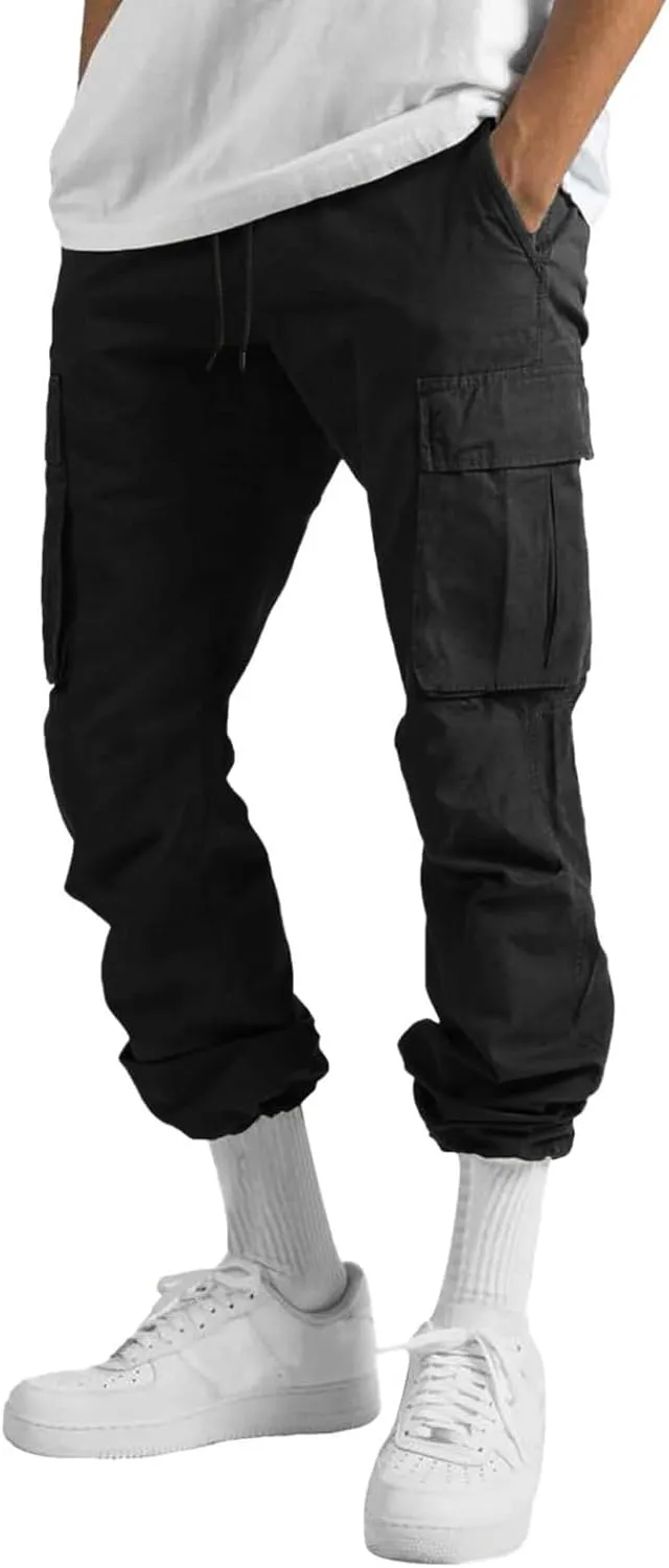 Mens Drawstring Cargo Pants Casual Solid Stretch Waist Sweatpants Athletic Running Tactical Trousers with Pockets