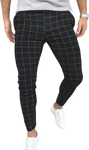Mens Fashion Plaid Casual Feet Pants Skinny Pencil Jeans Tapered Pant Slim Fit Business Sports Pants