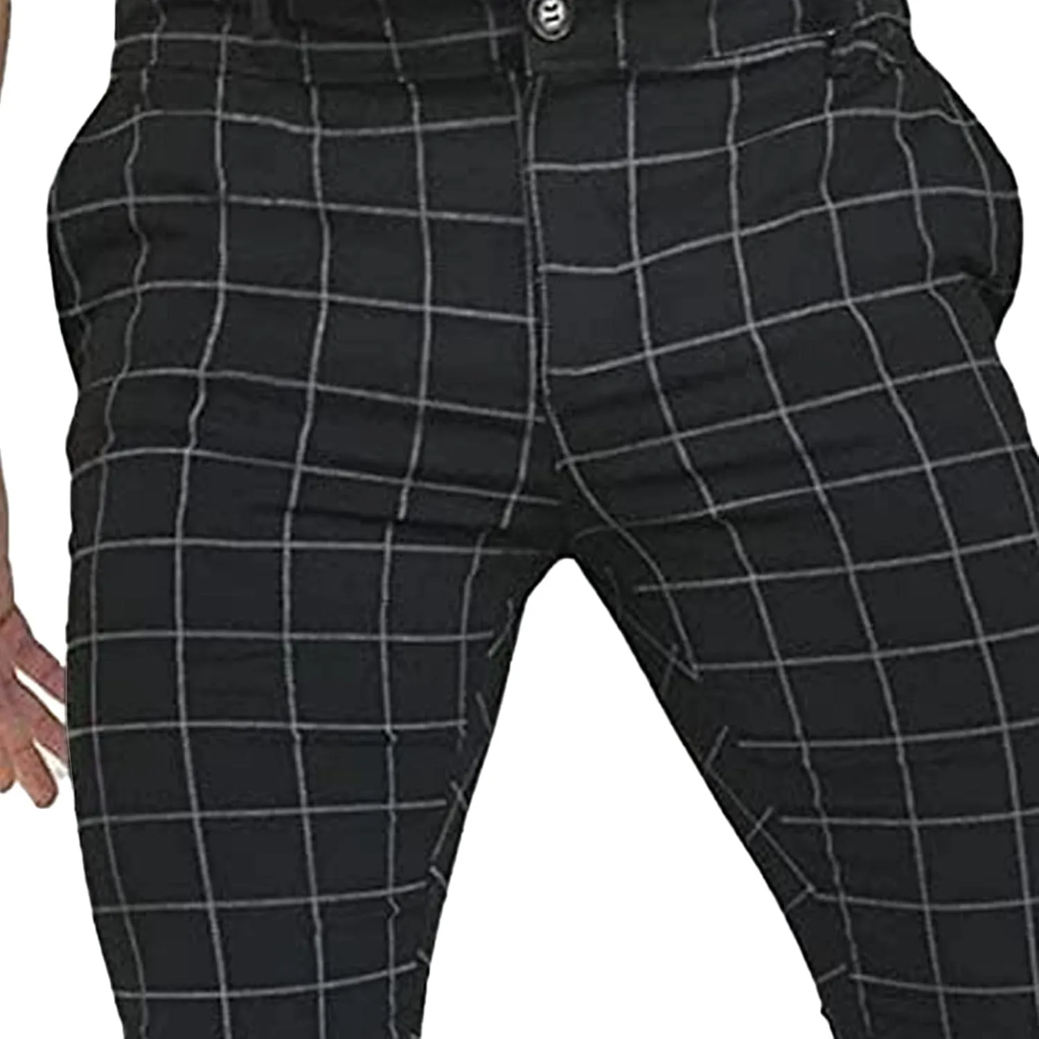 Mens Fashion Plaid Casual Feet Pants Skinny Pencil Jeans Tapered Pant Slim Fit Business Sports Pants