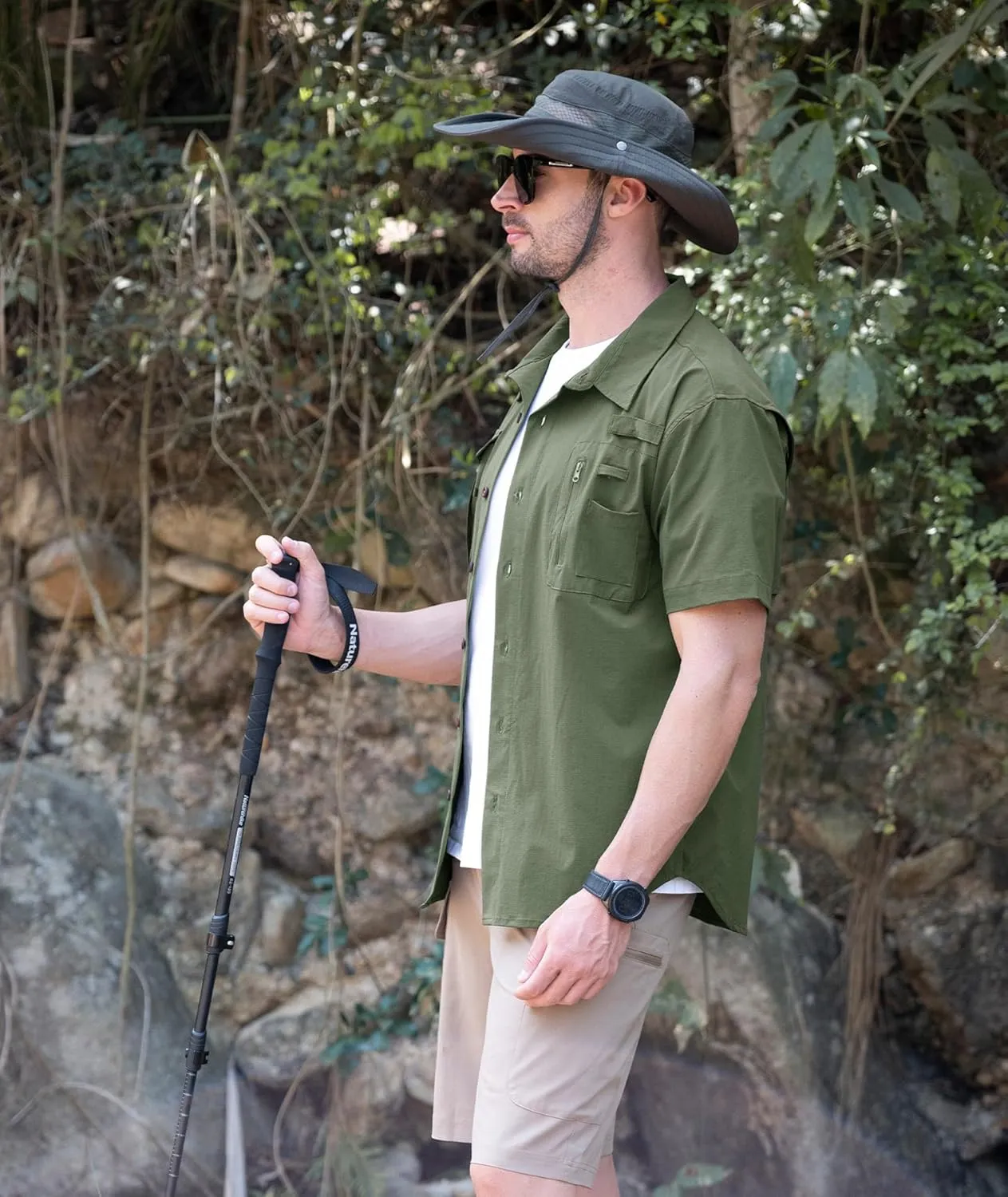 Men's Fishing Shirt Sun Protection Short Sleeve Cooling Button Down Shirts for Hiking Travel