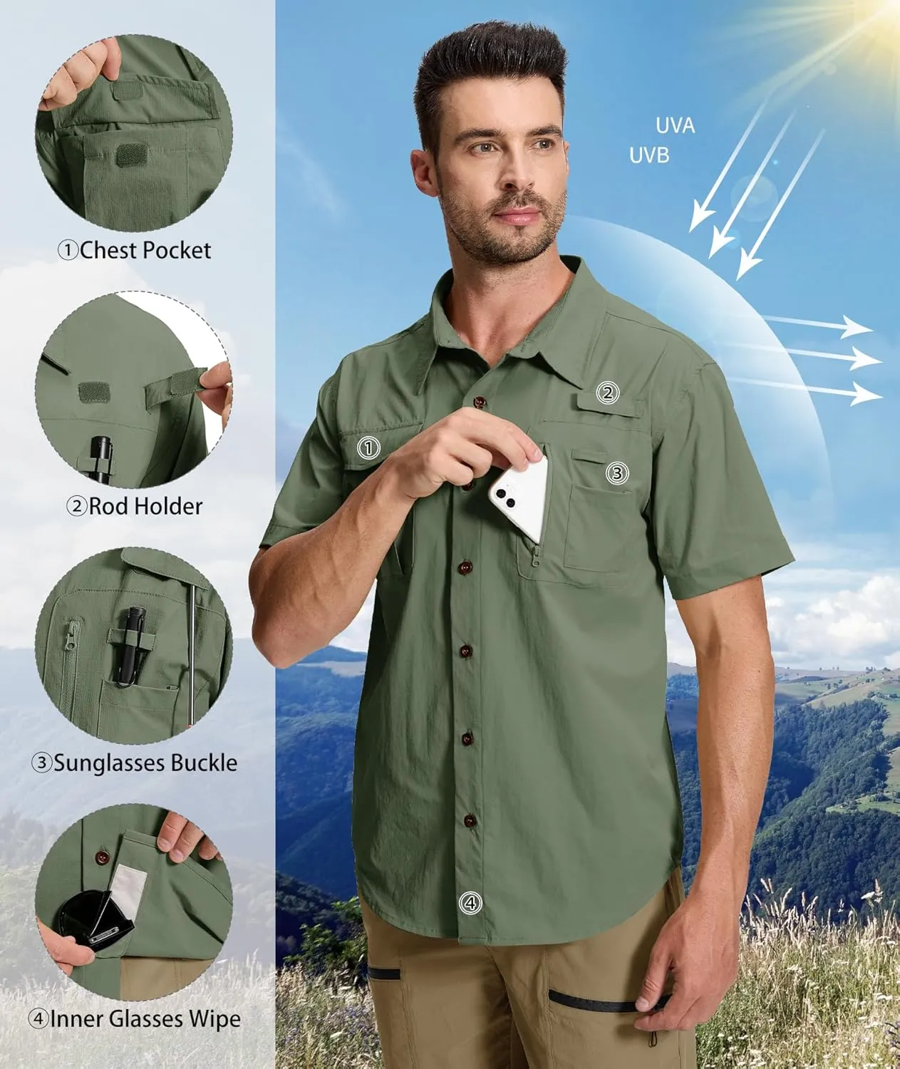 Men's Fishing Shirt Sun Protection Short Sleeve Cooling Button Down Shirts for Hiking Travel