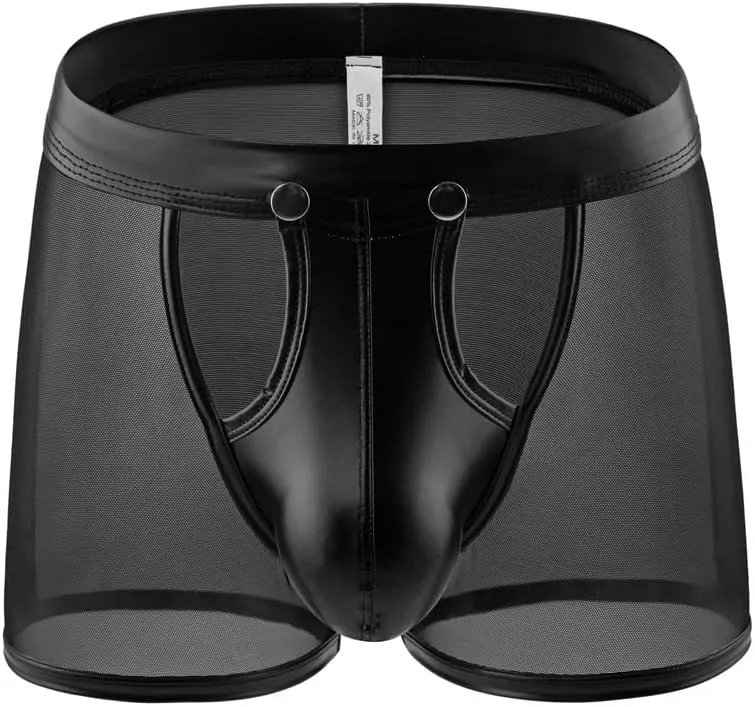 Men's Flat Underwear Brief Breathable Low Waist Hollow Out Patent Leather Mesh Boxer Briefs