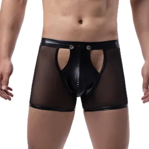 Men's Flat Underwear Brief Breathable Low Waist Hollow Out Patent Leather Mesh Boxer Briefs
