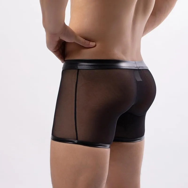 Men's Flat Underwear Brief Breathable Low Waist Hollow Out Patent Leather Mesh Boxer Briefs