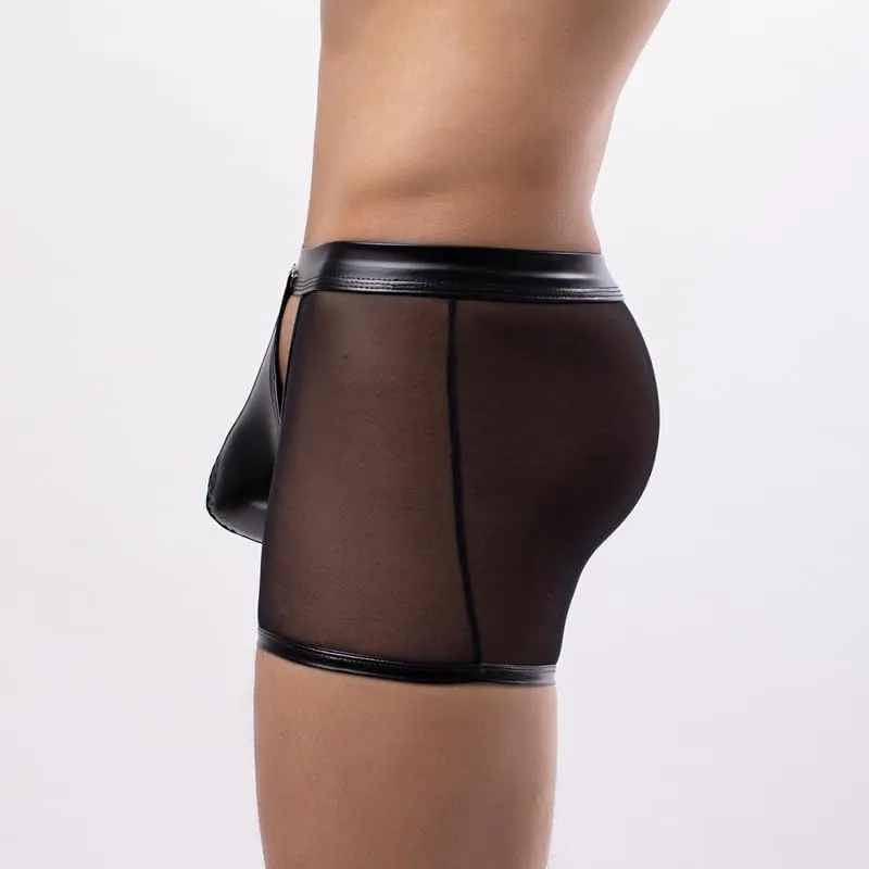 Men's Flat Underwear Brief Breathable Low Waist Hollow Out Patent Leather Mesh Boxer Briefs