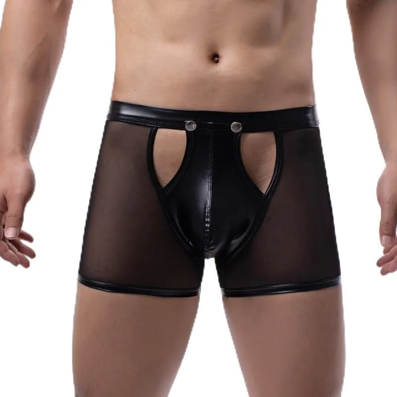 Men's Flat Underwear Brief Breathable Low Waist Hollow Out Patent Leather Mesh Boxer Briefs