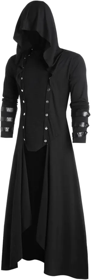 Mens Hooded Jacket Faux Leather Insert Button Up Coat Low Gothic Hoodie Long Button Coat Jackets Coats Men