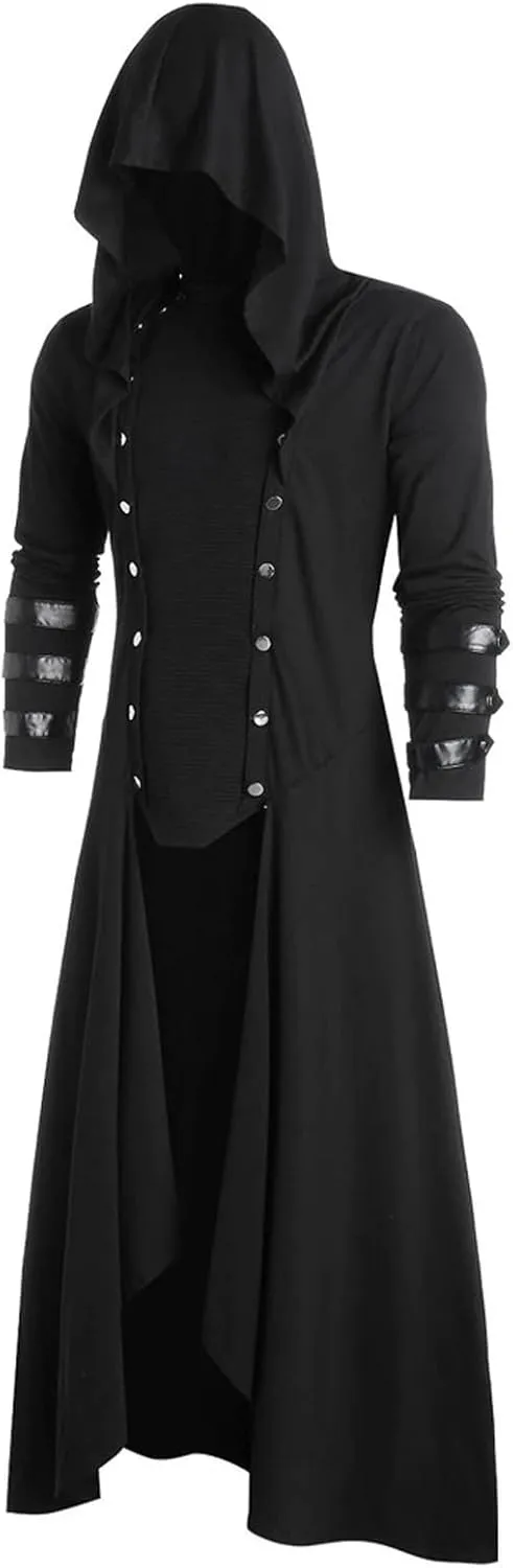 Mens Hooded Jacket Faux Leather Insert Button Up Coat Low Gothic Hoodie Long Button Coat Jackets Coats Men