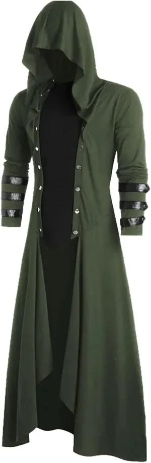 Mens Hooded Jacket Faux Leather Insert Button Up Coat Low Gothic Hoodie Long Button Coat Jackets Coats Men
