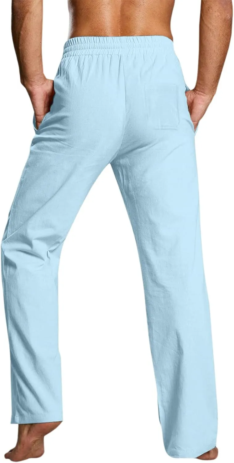 Mens Linen Beach Pants Lightweight Trousers Big and Tall Casual Lounge Drawstring Solid Color Pants with Pockets