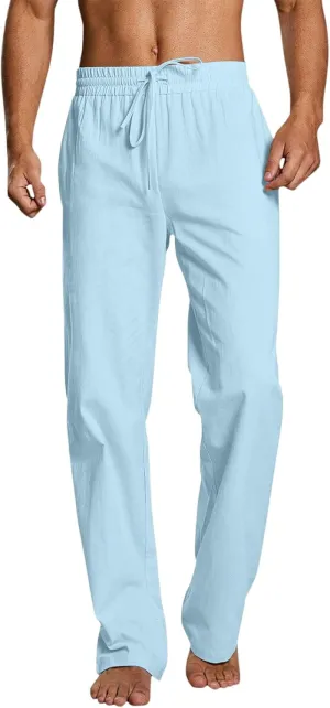 Mens Linen Beach Pants Lightweight Trousers Big and Tall Casual Lounge Drawstring Solid Color Pants with Pockets