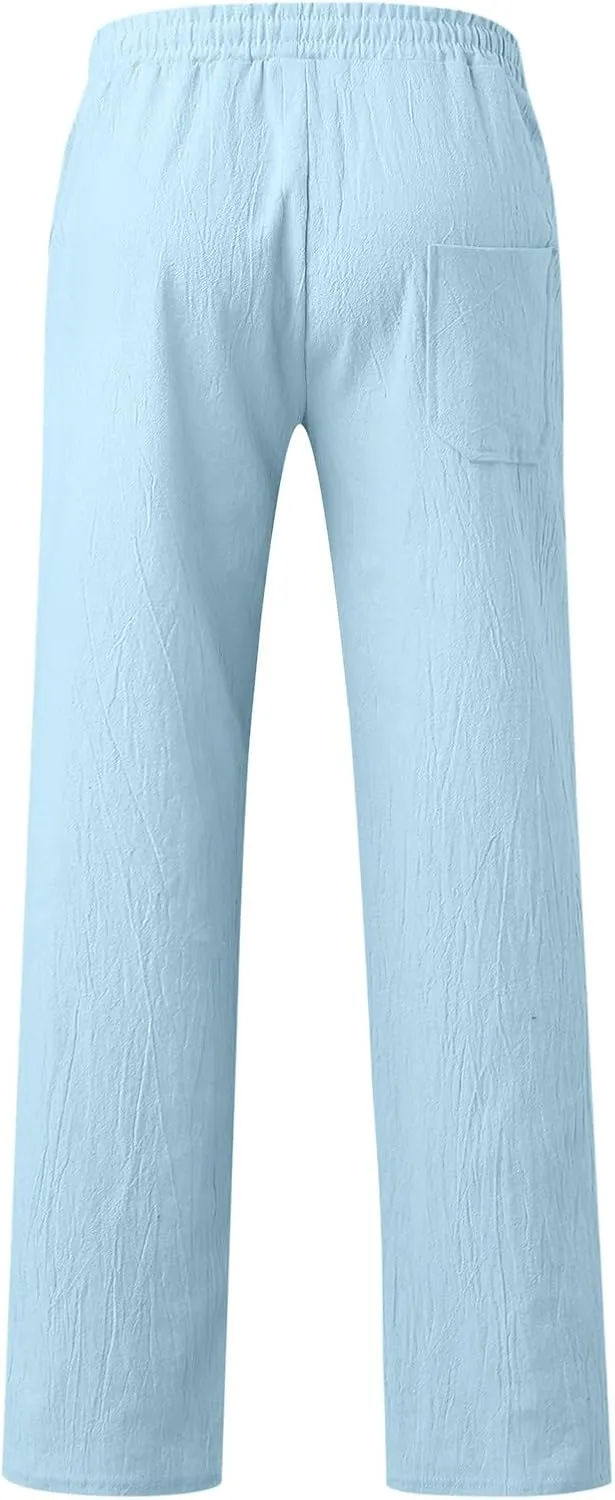 Mens Linen Beach Pants Lightweight Trousers Big and Tall Casual Lounge Drawstring Solid Color Pants with Pockets