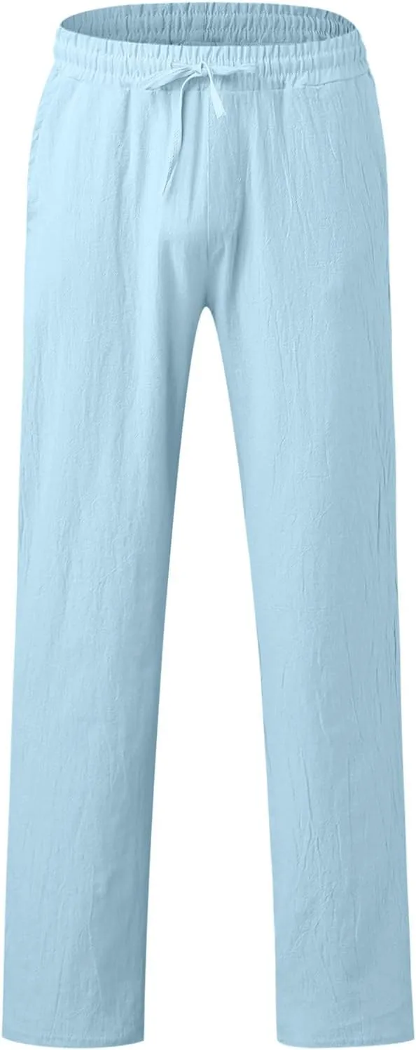 Mens Linen Beach Pants Lightweight Trousers Big and Tall Casual Lounge Drawstring Solid Color Pants with Pockets