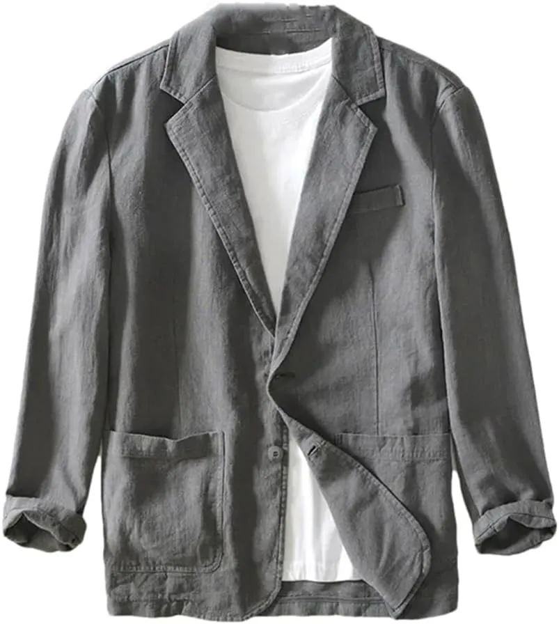 Men's Linen Cotton Blazer buttons Long Sleeve Casual Business Loose Solid Color Suit Jackets