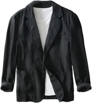 Men's Linen Cotton Blazer buttons Long Sleeve Casual Business Loose Solid Color Suit Jackets