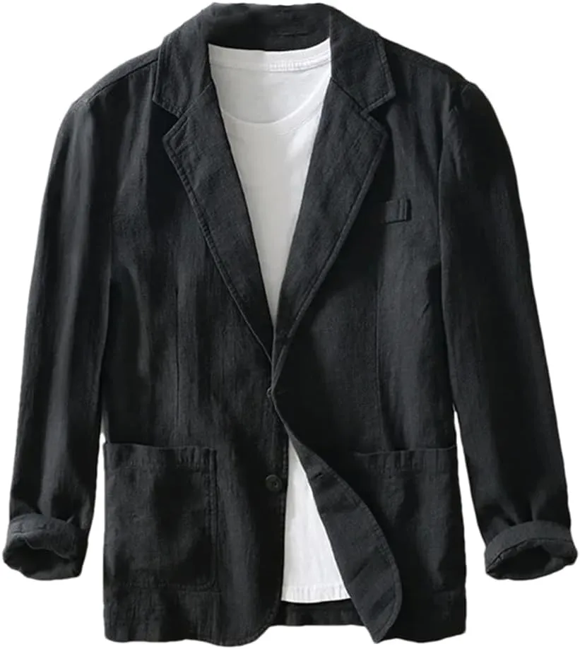 Men's Linen Cotton Blazer buttons Long Sleeve Casual Business Loose Solid Color Suit Jackets