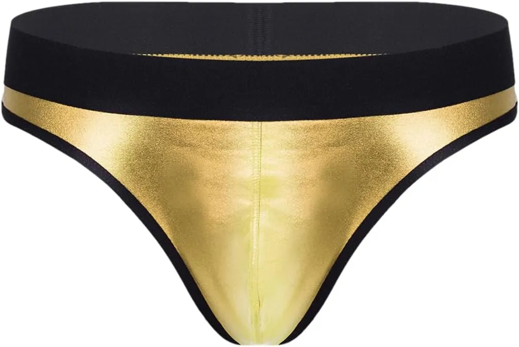Men's Low-Waist Sexy Micro-Elastic Briefs Imitation Leather Breathable Thong Underwear Gold 2XL