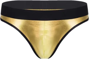 Men's Low-Waist Sexy Micro-Elastic Briefs Imitation Leather Breathable Thong Underwear Gold 2XL