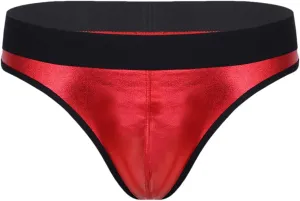 Men's Low-Waist Sexy Micro-Elastic Briefs Imitation Leather Breathable Thong Underwear Red XL