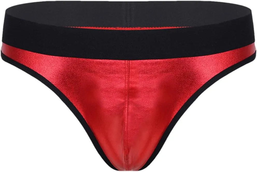 Men's Low-Waist Sexy Micro-Elastic Briefs Imitation Leather Breathable Thong Underwear Red XL