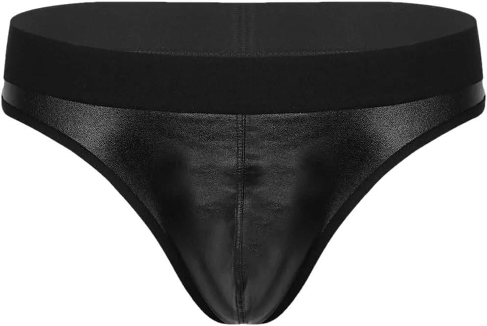 Men's Low-Waist Sexy Micro-Elastic Briefs Imitation Leather Breathable Thong Underwear