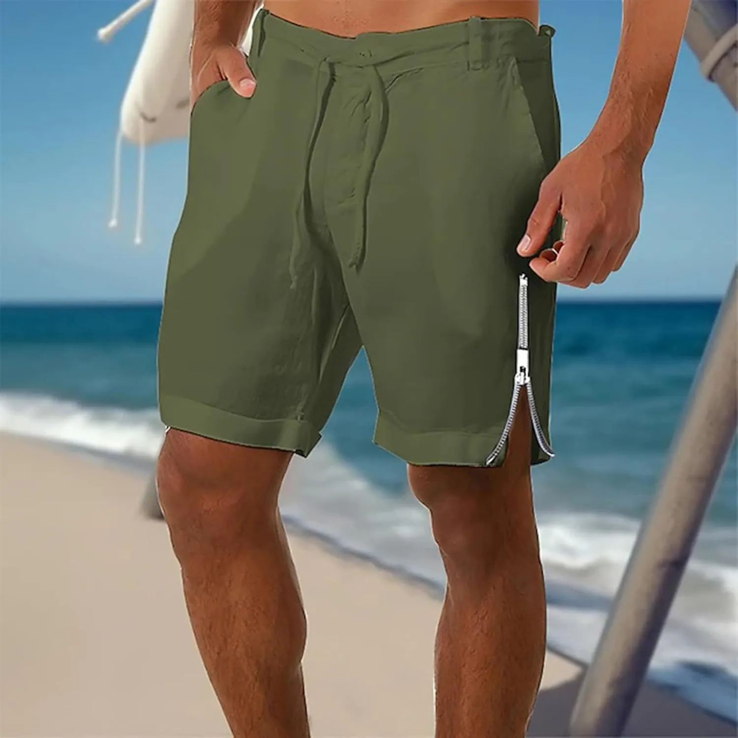 Mens Quick Drying Breathable Combat Tactical Beach Vacation Pants Summer Casual Shorts Lightweight Solid Cotton Linen Bermuda