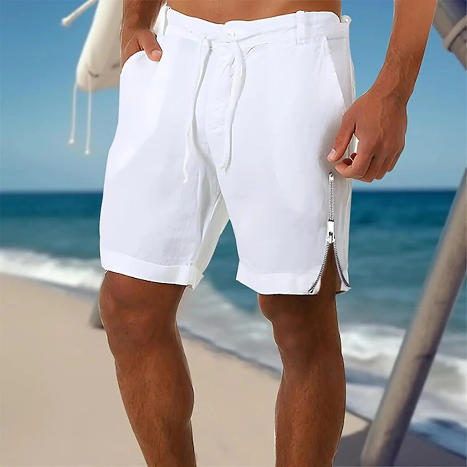 Mens Quick Drying Breathable Combat Tactical Beach Vacation Pants Summer Casual Shorts Lightweight Solid Cotton Linen Bermuda