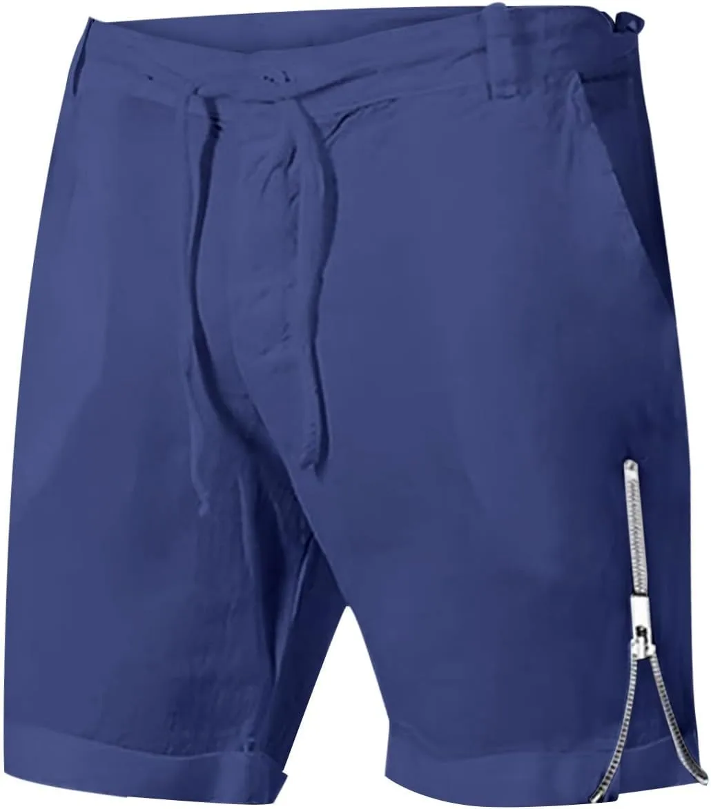 Mens Quick Drying Breathable Combat Tactical Beach Vacation Pants Summer Casual Shorts Lightweight Solid Cotton Linen Bermuda