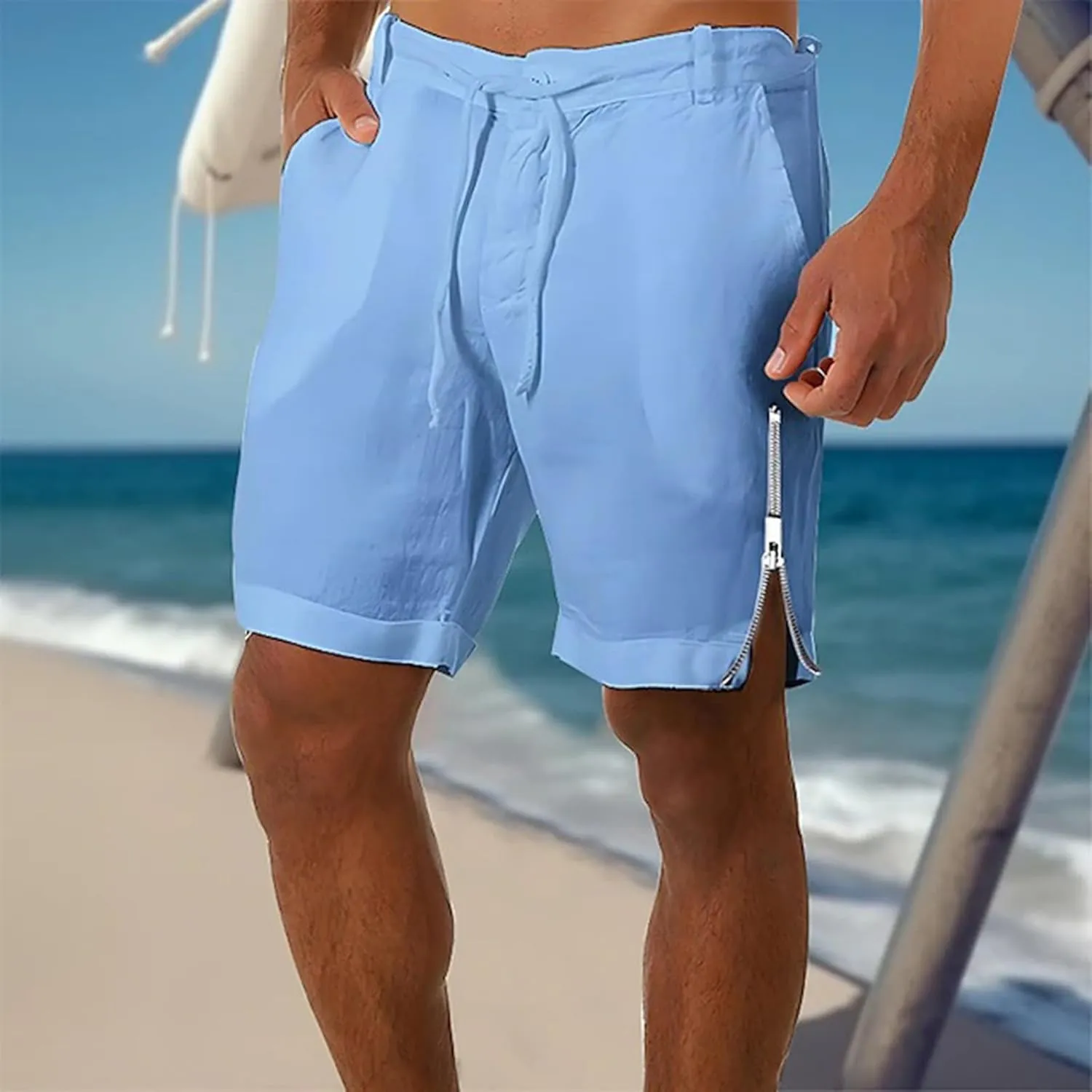 Mens Quick Drying Breathable Combat Tactical Beach Vacation Pants Summer Casual Shorts Lightweight Solid Cotton Linen Bermuda
