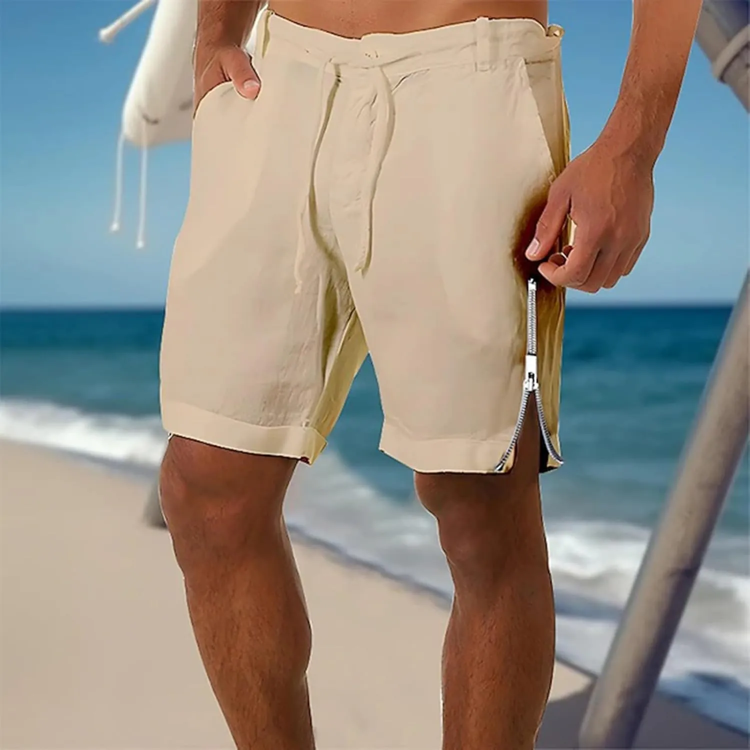 Mens Quick Drying Breathable Combat Tactical Beach Vacation Pants Summer Casual Shorts Lightweight Solid Cotton Linen Bermuda