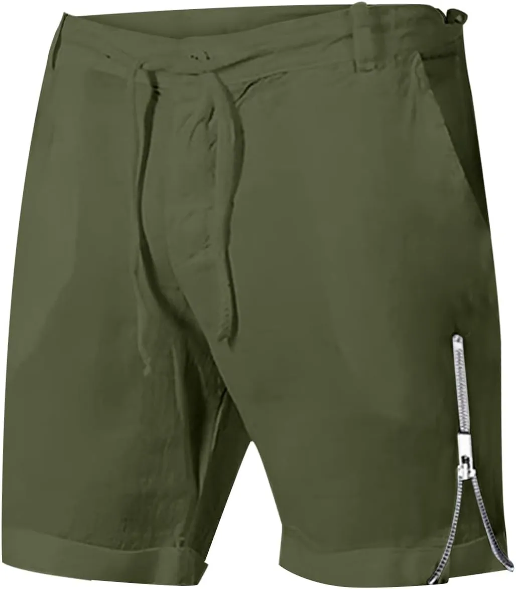 Mens Quick Drying Breathable Combat Tactical Beach Vacation Pants Summer Casual Shorts Lightweight Solid Cotton Linen Bermuda
