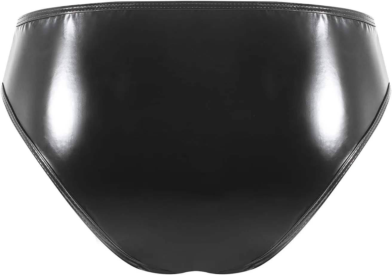 Men's Shiny Leather Shorts, Sexy Button Open Crotch, Briefs Bulge Pouch, Comfort Stretch Waistband