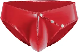 Men's Shiny Leather Shorts, Sexy Button Open Crotch, Briefs Bulge Pouch, Comfort Stretch Waistband