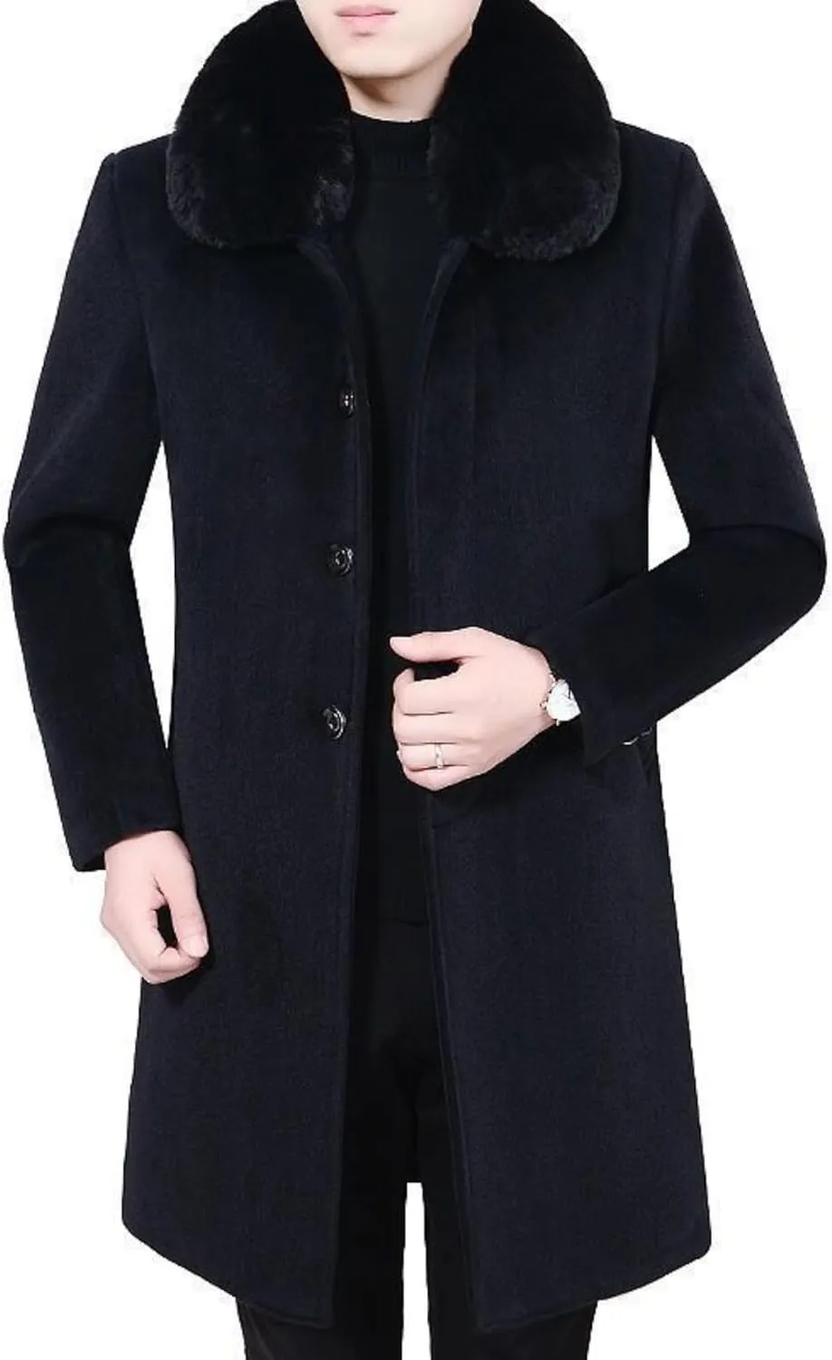 Men's Winter Single Breasted Trench Overcoat Removable Faux Fur Collar Coat Warm Business Long Pea Coat Outwear