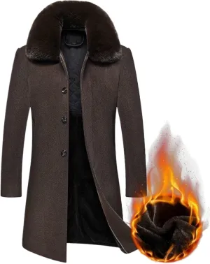 Men's Winter Single Breasted Trench Overcoat Removable Faux Fur Collar Coat Warm Business Long Pea Coat Outwear
