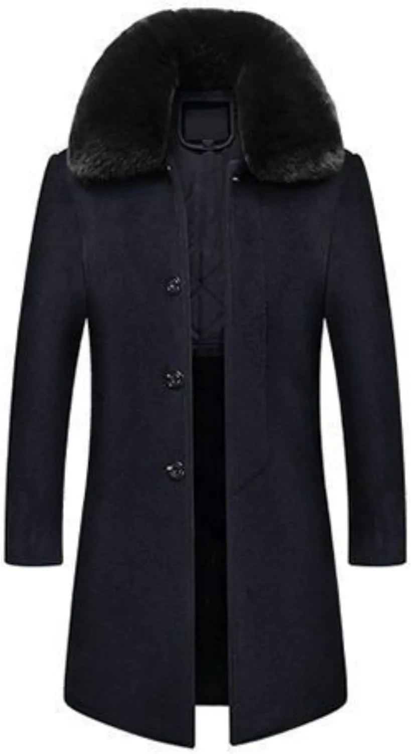 Men's Winter Single Breasted Trench Overcoat Removable Faux Fur Collar Coat Warm Business Long Pea Coat Outwear