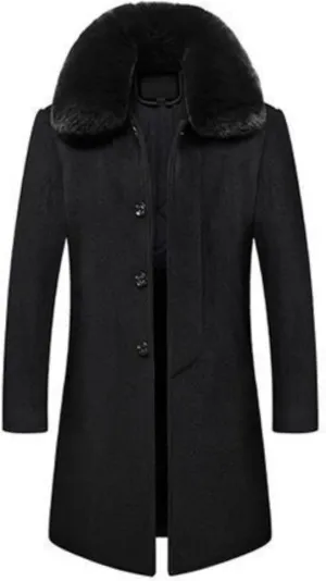 Men's Winter Single Breasted Trench Overcoat Removable Faux Fur Collar Coat Warm Business Long Pea Coat Outwear